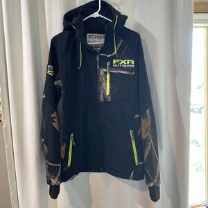 FXR Outdoor Jacket Recoil Softshell Mens Small Black Camo Green Hoodie Warm